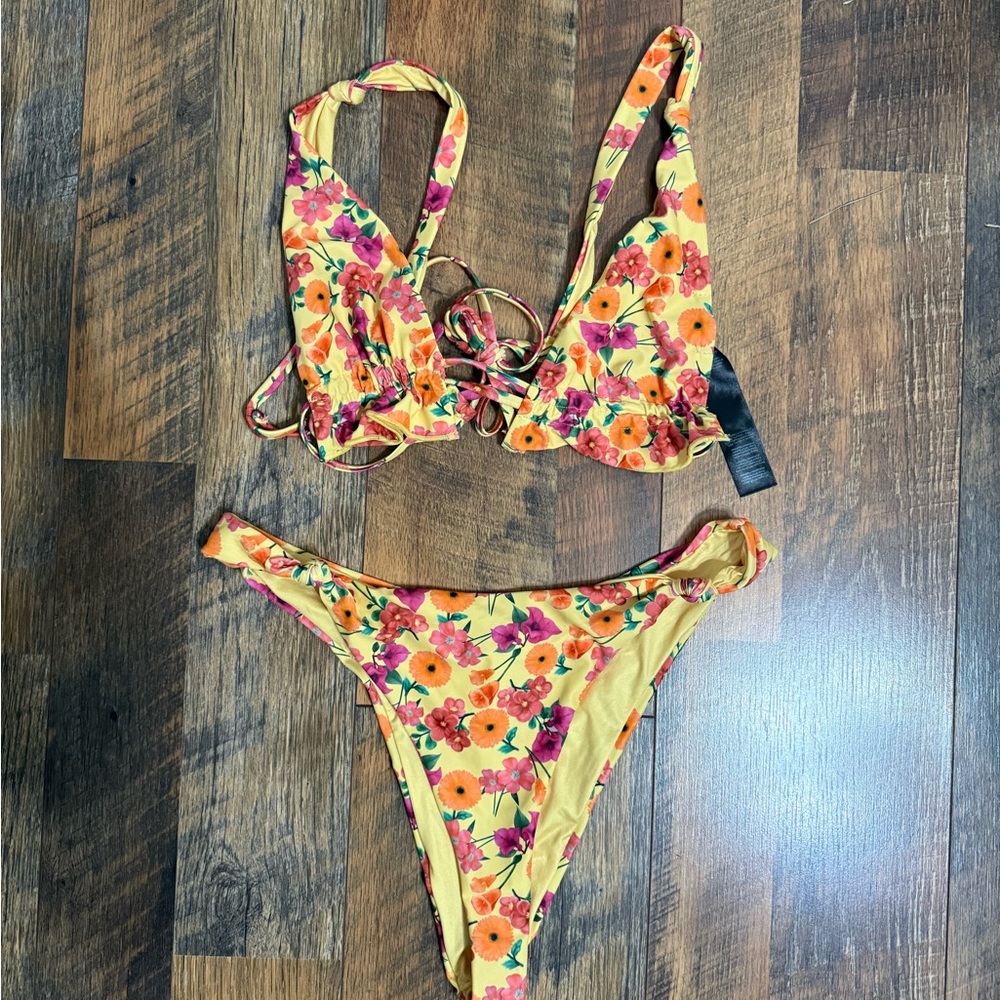 Nasty gal floral yellow ruffle bikini